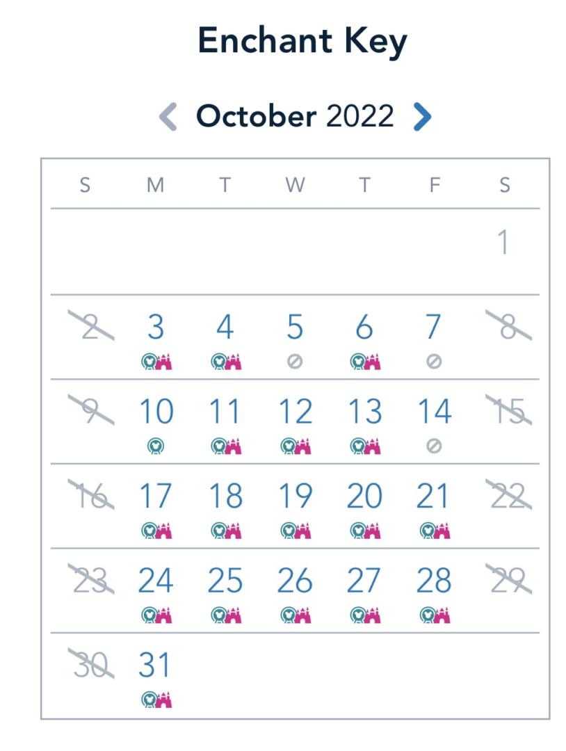 Disneyland Magic Key reservation access calendar october 2022 Enchant